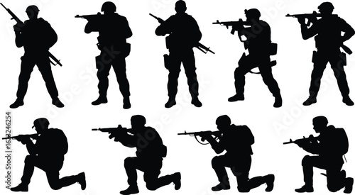Collection of silhouetted soldiers in various poses with rifles