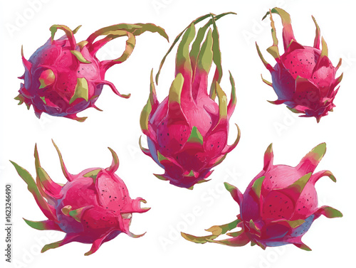 Collection of Dragon Fruit Exotic and Tropical Illustration Vivid Pink and Green Tones Delicious Healthy Food Vegan Diet