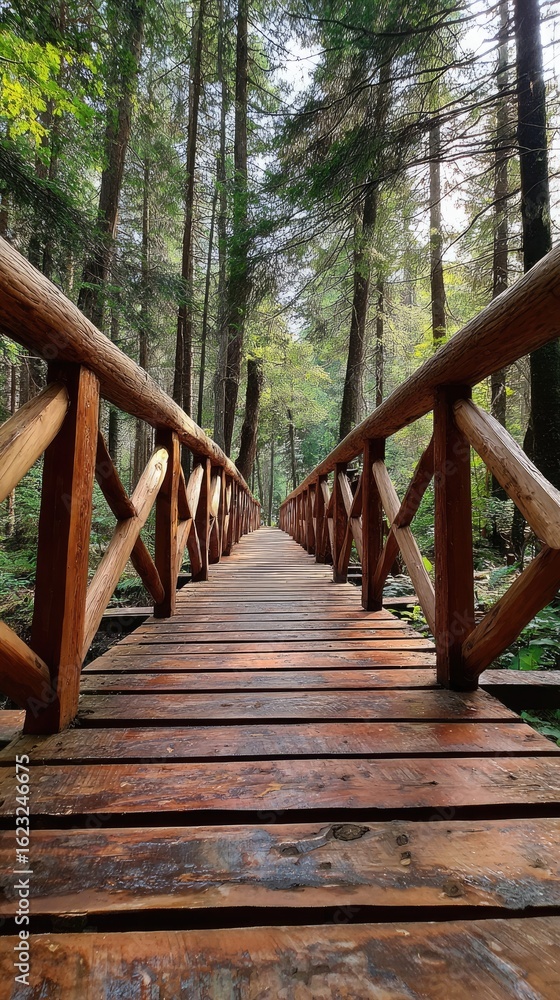 Obraz premium Wooden bridge path through a forest