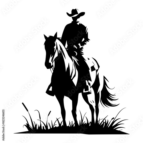 Vector silhouette of a cowboy riding a horse on grass isolated on white
