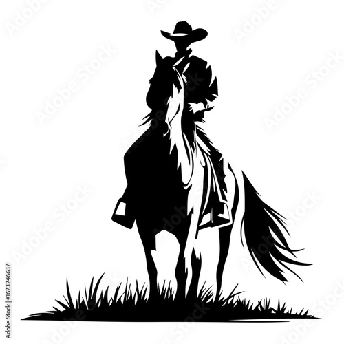 Vector silhouette of a cowboy riding a horse on grass isolated on white