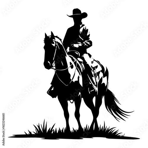 Vector silhouette of a cowboy riding a horse on grass isolated on white