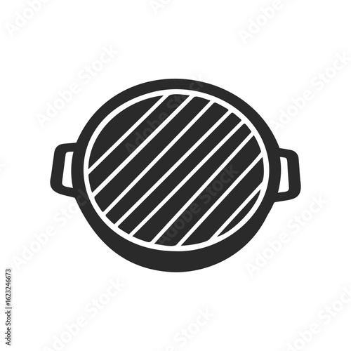 Round grill pan icon with handles in black and white