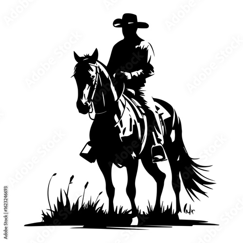 Vector silhouette of a cowboy riding a horse on grass isolated on white