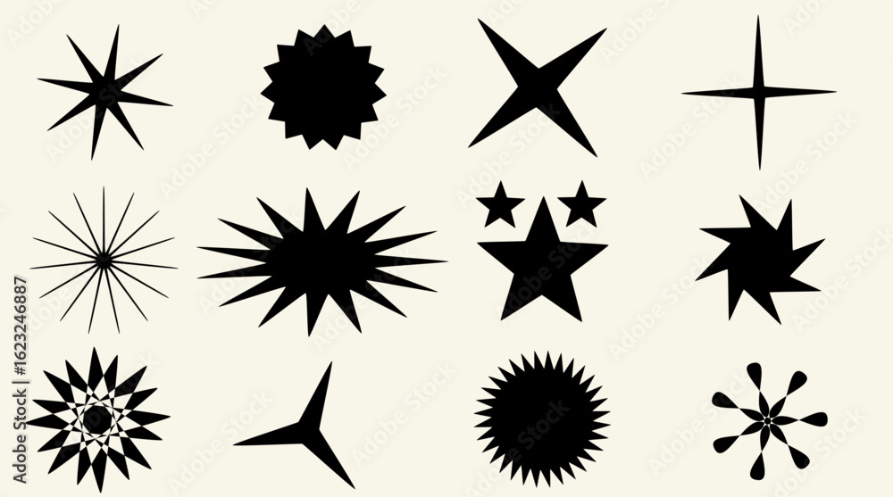 Fototapeta premium Set of 12 abstract starburst and geometric star icons in bold black silhouette. Modern decorative star shapes for stickers, labels, logos, posters, branding, and retro design elements