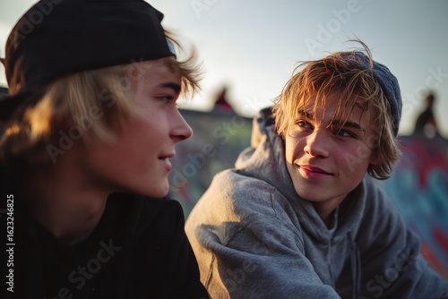 Two teenagers smiling and talking at the skatepark during sunset