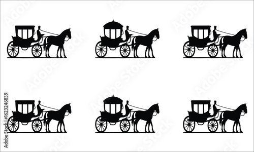 Horse and carriage silhouette vector icon set. Vintage equestrian transportation graphic element collection for design.