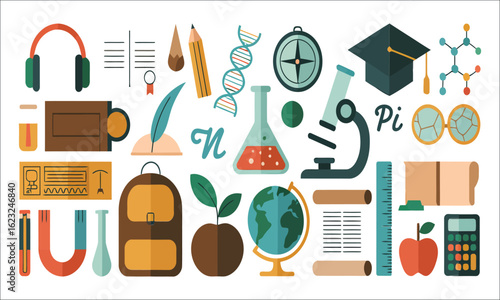Science and education icon set. A collection of flat vector symbols for learning, school, and university study.