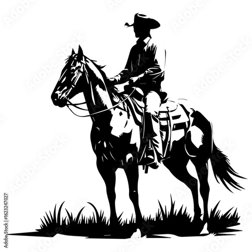 Vector silhouette of a cowboy riding a horse on grass isolated on white