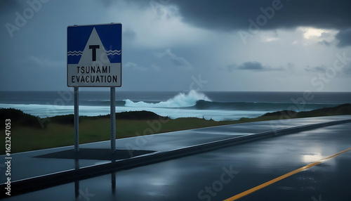 Tsunami Evacuation Road Sign on Wet Coastal Road with Stormy Ocean and Dark Sky - Natural Disaster Warning, Safety, Emergency Preparedness, Climate Risk