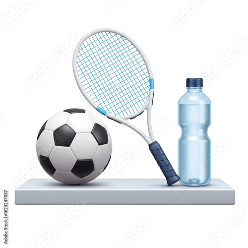 Sports essentials for an active lifestyle. A realistic illustration of a soccer ball, tennis racket, and water bottle on a display shelf.