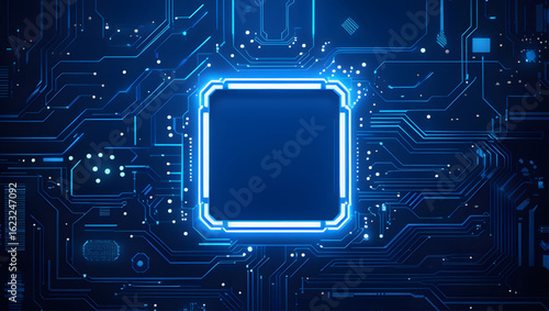 Technology quantum blue portal on circuit motherboard with thin line glowing wires. Tech background. AI chip concept. Abstract light neon square frame HUD. Computer digital bg. Vector