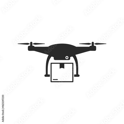 Drone delivery icon with package: aerial logistics concept in black and white