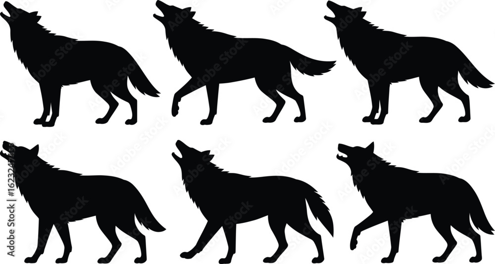 Obraz premium Six silhouettes of wolves howling at the moon