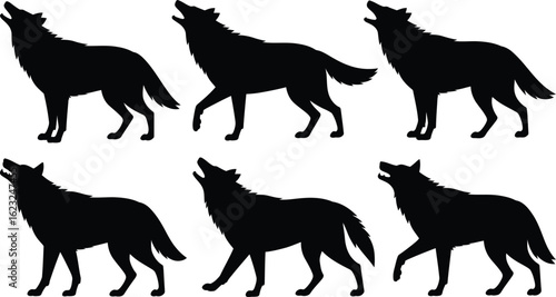 Six silhouettes of wolves howling at the moon