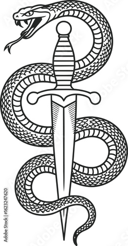Snake coiled around a dagger with fangs bared serpent