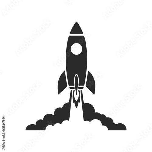 Silhouette of rocket launching with smoke trail on white background