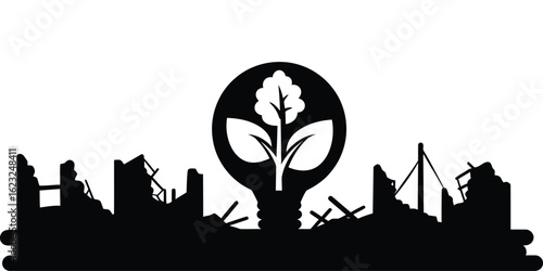  Industrial cityscape silhouette with recycling sign, environmental and ecology concept