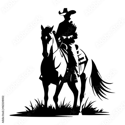 Vector silhouette of a cowboy riding a horse on grass isolated on white