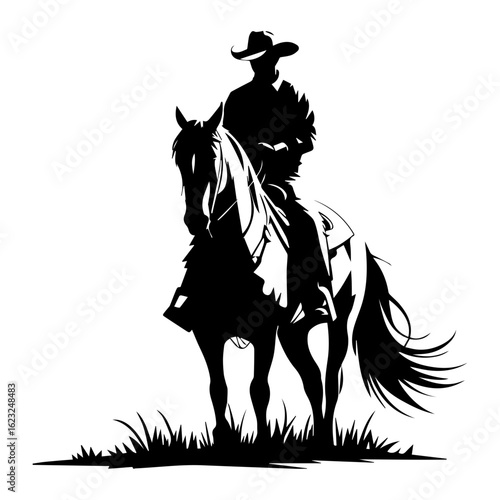 Vector silhouette of a cowboy riding a horse on grass isolated on white