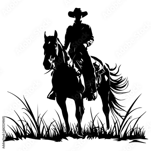 Vector silhouette of a cowboy riding a horse on grass isolated on white