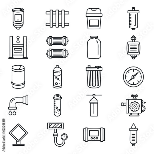 20 Pipe Filter & Fluid Control Equipment Line Icons – Minimal Industrial Vector Set.

