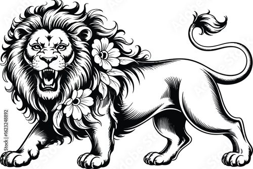 Majestic lion with flowers in its mane king animal