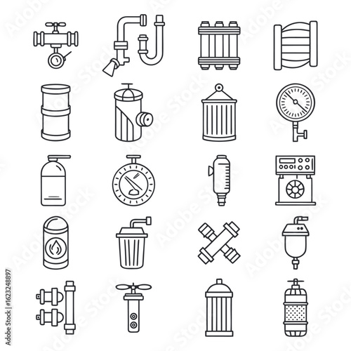 20 Pipe Filter & Fluid Control Equipment Line Icons – Minimal Industrial Vector Set.

