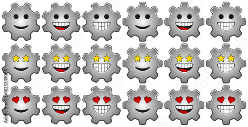 Sheet of happy, funny, smiling, grinning gear emoji with metal texture. Set of cute cog wheels with faces showing their teeth. Variants with rotated cogs, hearts and stars as eyes. Vector clipart. 