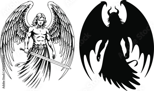 Angel And Devil Figures With Wings demon sword