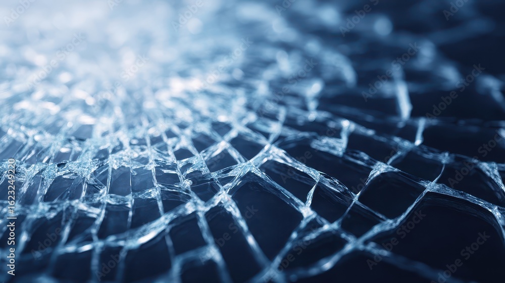 Obraz premium A close-up view of a cracked glass surface, showcasing intricate patterns and reflections in a blurred background.