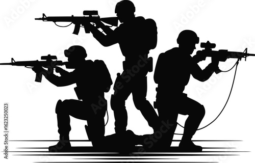 Silhouette of three soldiers in tactical gear aiming rifles