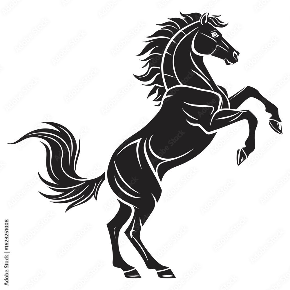 Obraz premium Rearing Horse Silhouette – Bold Black Vector Illustration of a Powerful Horse in Dynamic Pose on White Background