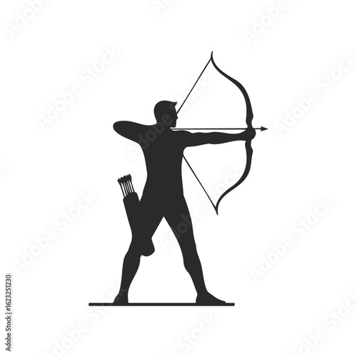 Silhouette of an archer with bow and arrow in mid-draw against white background