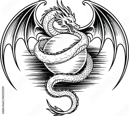 Dragon coiled around a sphere with wings spread mythical creature