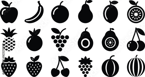 Collection of black and white fruit silhouettes on white background