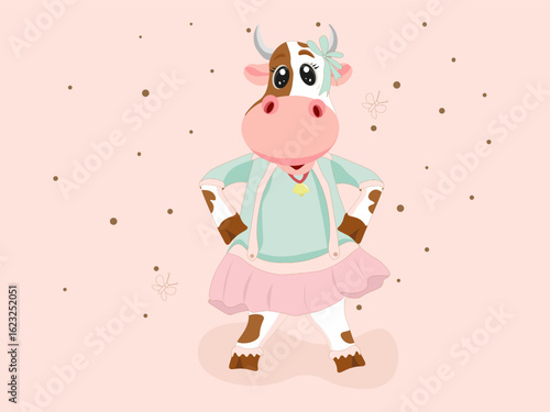 Funny cartoon cow in the pink background. Postcard with Happy Birthday.