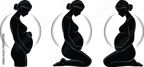 Three black silhouettes of a pregnant woman in different poses