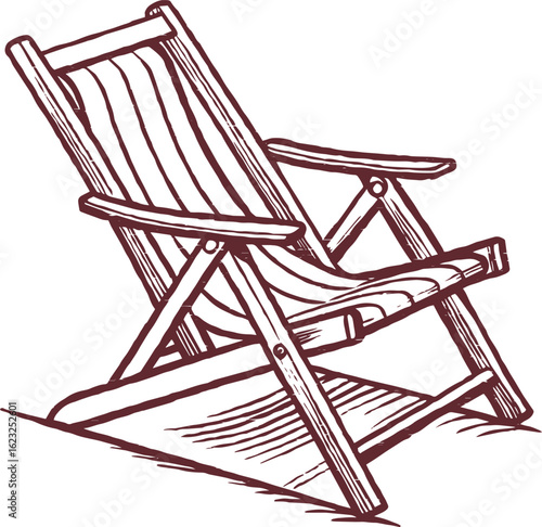 Vintage hand-drawn deck chair illustration in detailed sketch style. Perfect for summer themes, outdoor furniture designs, beach graphics, and relaxation concepts. Isolated on white background.