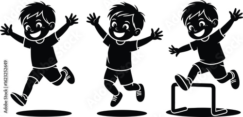 Three energetic boys jumping and having fun in silhouette style