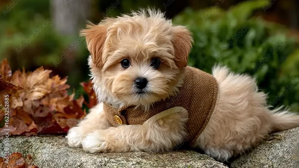 Cute puppy in cozy sweater relaxing on a stone surrounded by autumn leaves during a sunny day in the park Cute puppy in cozy sweater relaxing on a stone surrounded by autumn leaves during a sunny day in the park