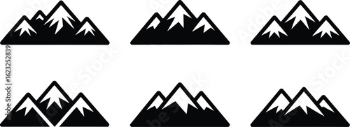 Six stylized black and white mountain range icons