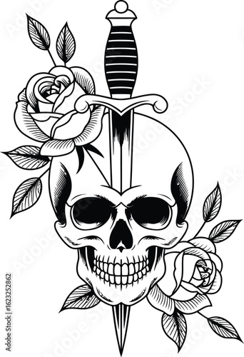 Skull and Roses Tattoo Design dagger gothic