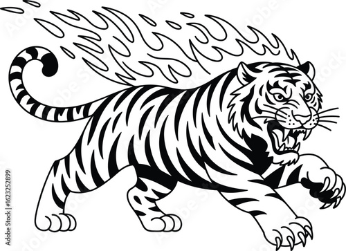 Fierce tiger with flames on its back big cat animal