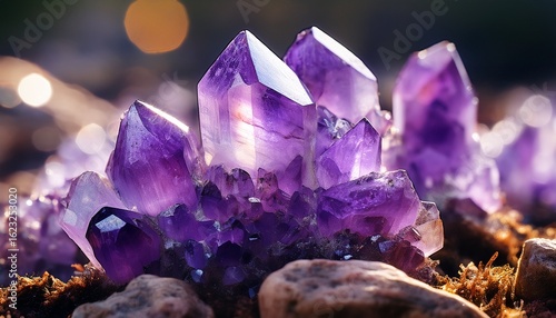 glistening amethyst crystal chunks on ground