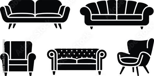 Collection of black silhouettes of vintage and modern sofas and armchairs