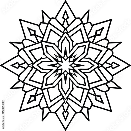 Intricate black and white symmetrical snowflake mandala design isolated on white background isolated on transparent background