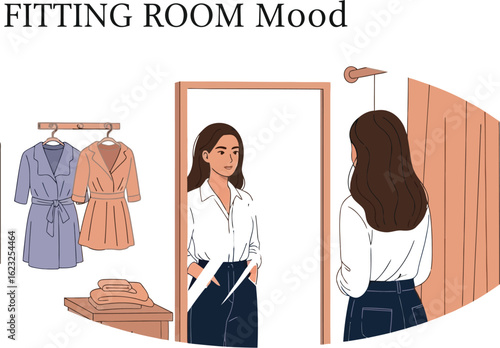 Woman trying clothes in fitting room with mirror reflection