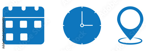 Calendar, Location pin, Clock icons. Event icon set. Address, time, date symbols vector. white background. EPS 10 
