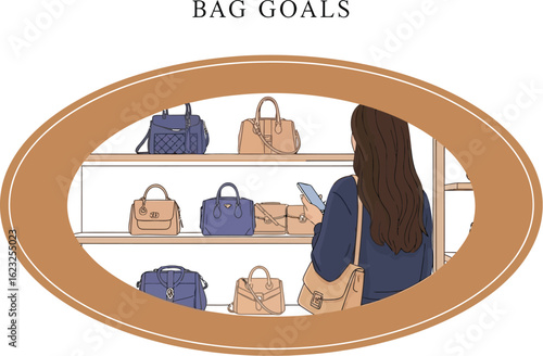 Woman shopping for handbags in a store, using her mobile phone